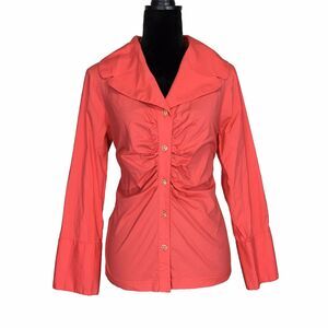 Mischca Top LARGE Melon Orange Clear Button Ruched Front 3/4 Sl Cuff Fitted Work